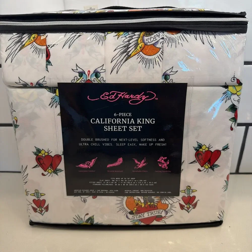 Ed Hardy 6-piece sheet set-Cal King Size-Tattoo Roses, Skulls, Eagles, Tiger NEW
